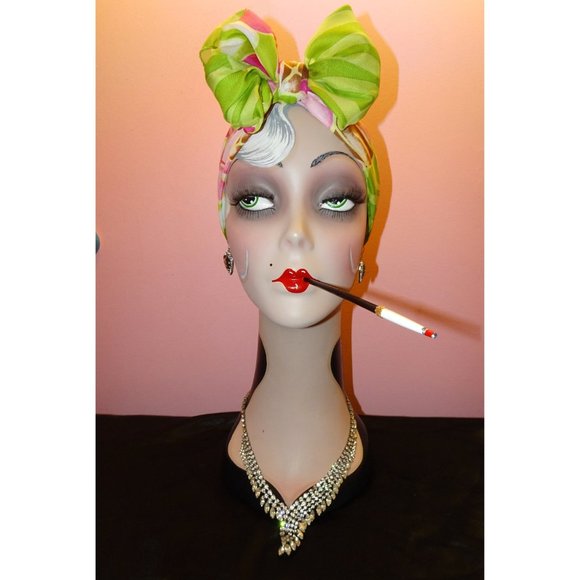 Vintage Green & Pink Floral Scarf tropical boho neck scarf pinup retro - Picture 5 of 10